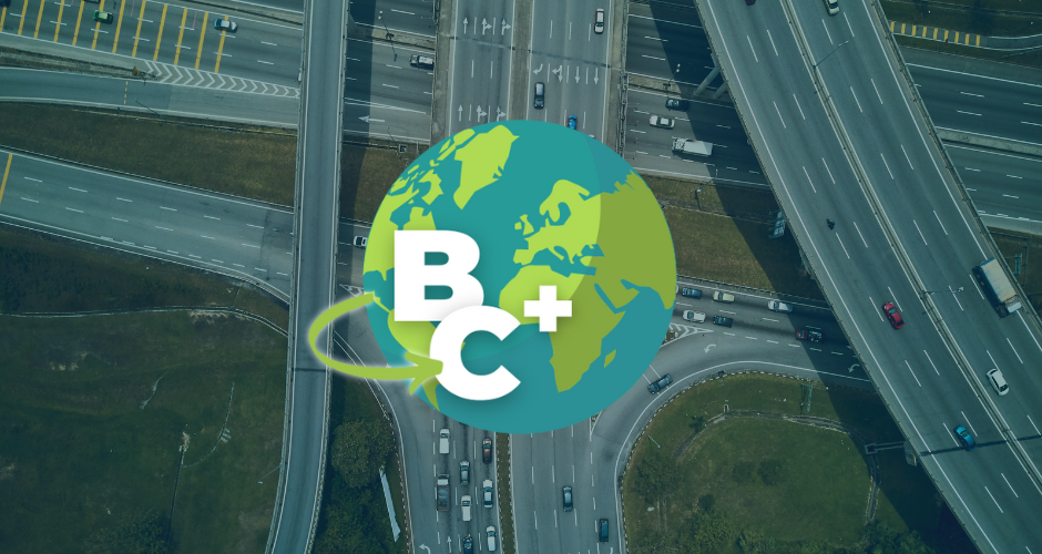 Ariel point of view of highways with the new BC+ logo centered on the image.